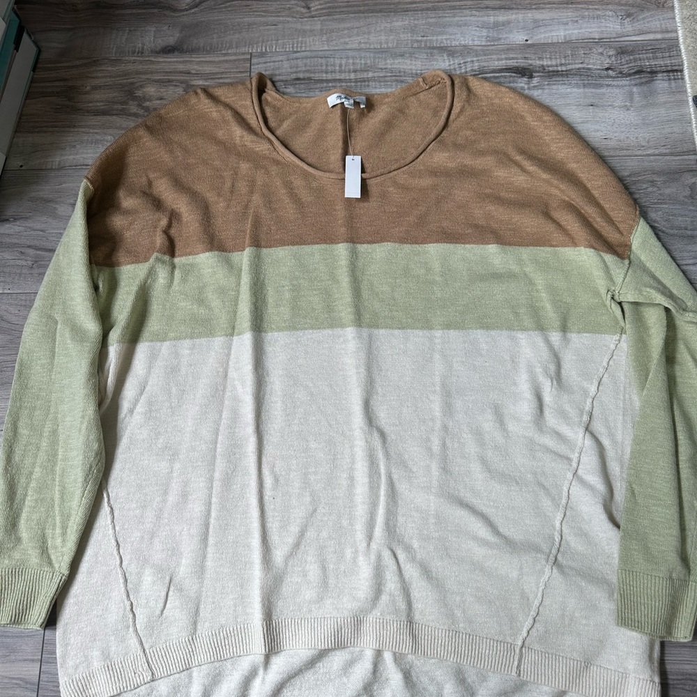NWT Madewell Colorblock Striped Sweater Linen Blend Lightweight in Brown Cream L